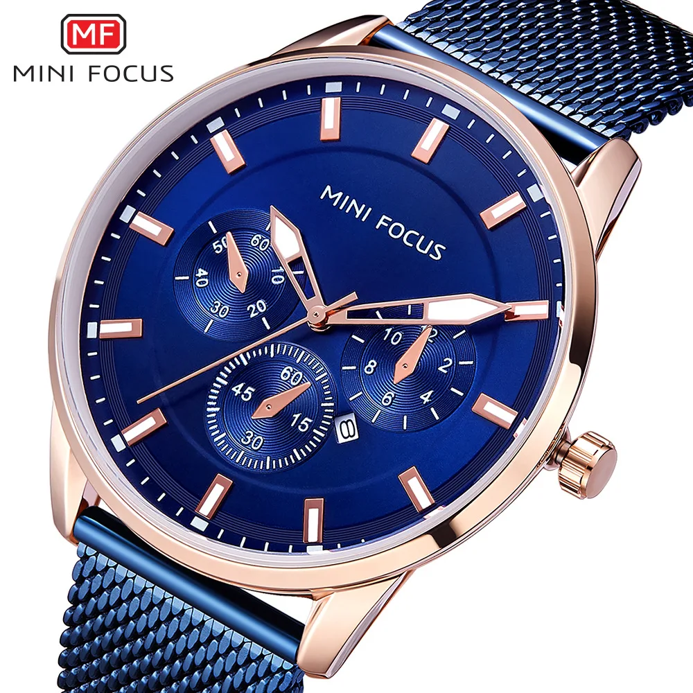 

business man wristwatches mens watches quartz stainless steel Mesh belt male clocks MINI FOCUS brand waterproof blue silver
