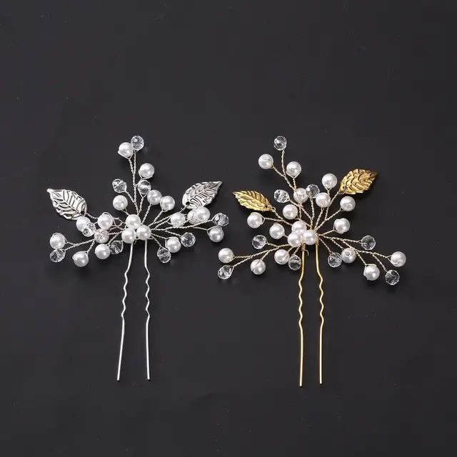 1pcs Silver Crystal Flower Leaf U Shape Hair Sticks Pearl Clip