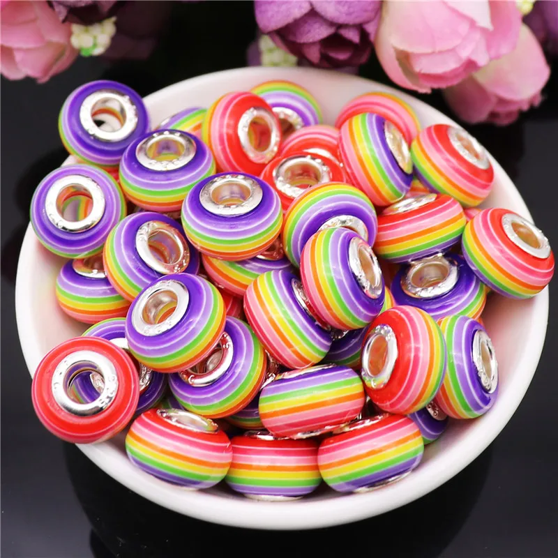 

10Pcs Lot Rainbow Colorful Mixed Candy Color Murano Plastic Resin Beads Charms Fit DIY Pandora Bracelet For DIY Jewelry Making