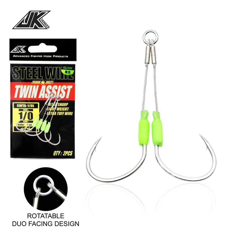 JK 5packs Sea Fishing Hook Steel Wire 7x7 Slow Jigging Size 1/0 2/0 3/0 4/0  5/0 Luminous Double Assist Hook Slow Pitch Tackle