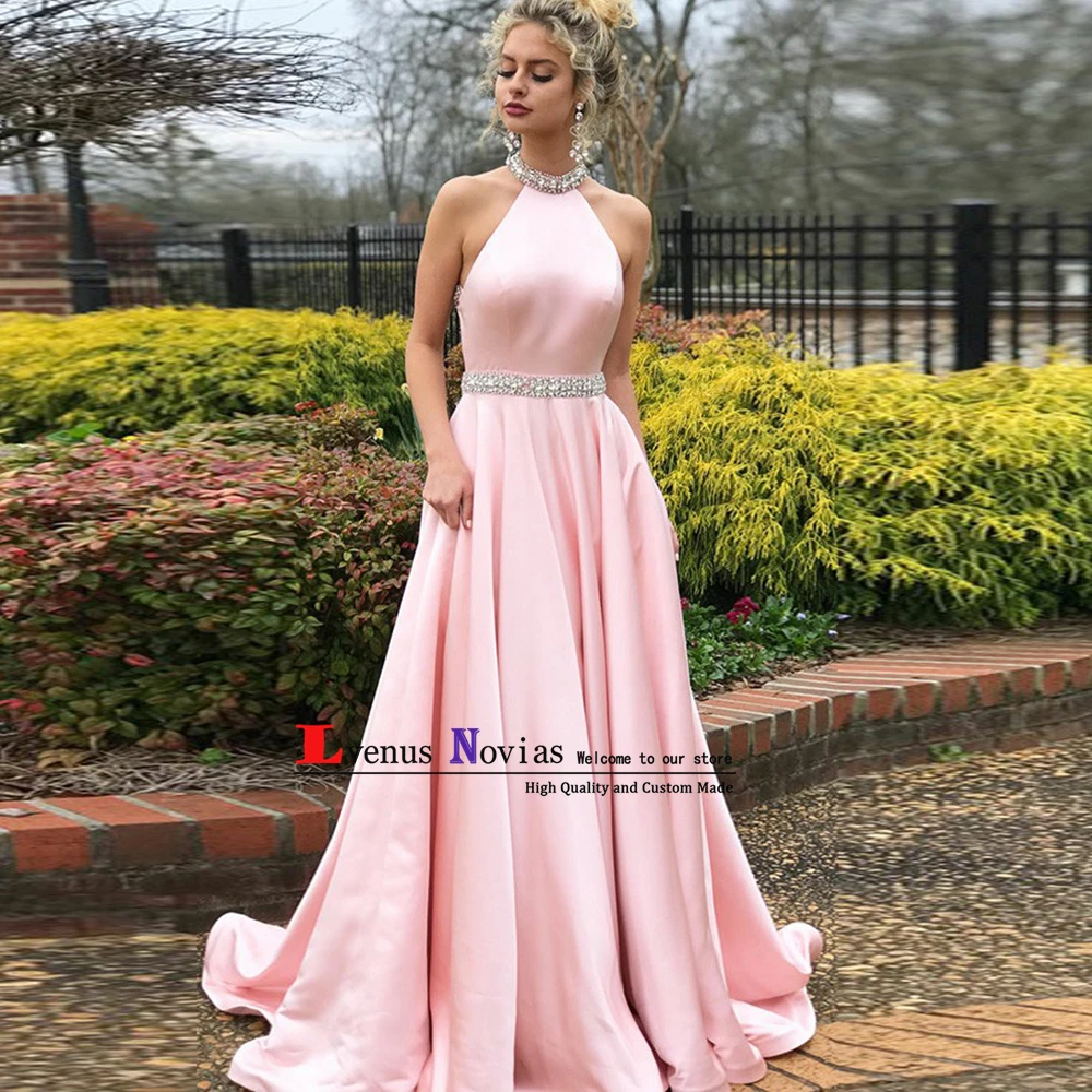 

Cheap Evening Party Dress Ever Pretty Prom Gown Sexy Halter Backless Beaded Pink Long Prom Dresses 2019 Girl Graduation Dresses