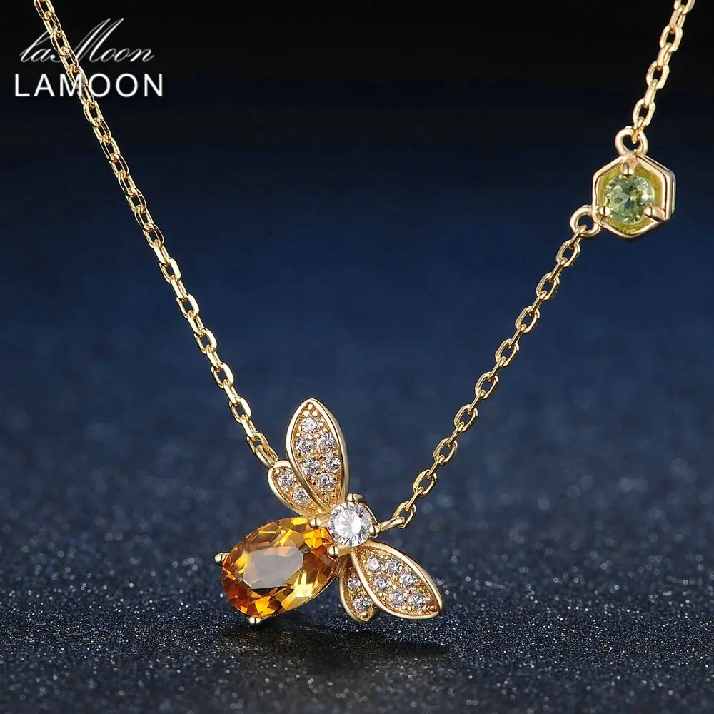 

LAMOON Necklaces Bee 1ct 100% Natural Citrine Fashion 925 Sterling Silver Fine Jewelry Long Chain Amber Pendant Necklace Bijoux
