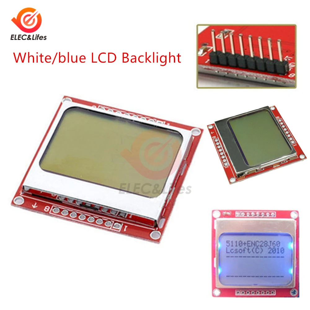

LCD Module Display Blue /White LCD Backlight with 8pins Adapter PCB 84x48 For Arduino for Nokia 5110 Screen 3.3V Dot Matrix