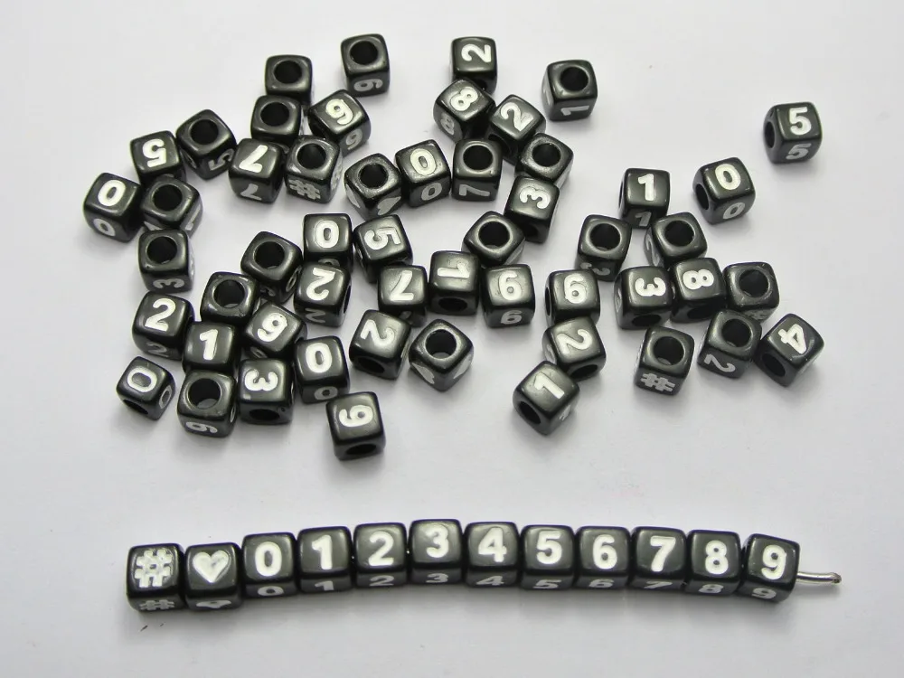 

200 Black Assorted Number "#" Acrylic Cube Pony Beads 7X7mm