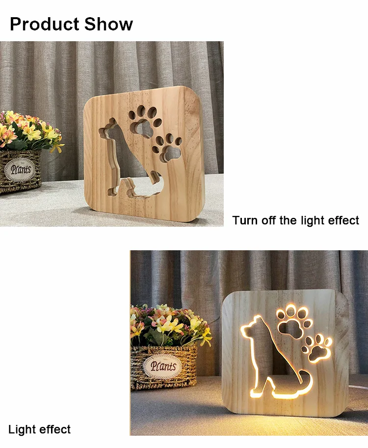 Firya Wooden Dog Paw Cat Animal Night Light French Bulldog Luminaria 3D Lamp USB Powered Desk Lights For Baby Christmas Gift