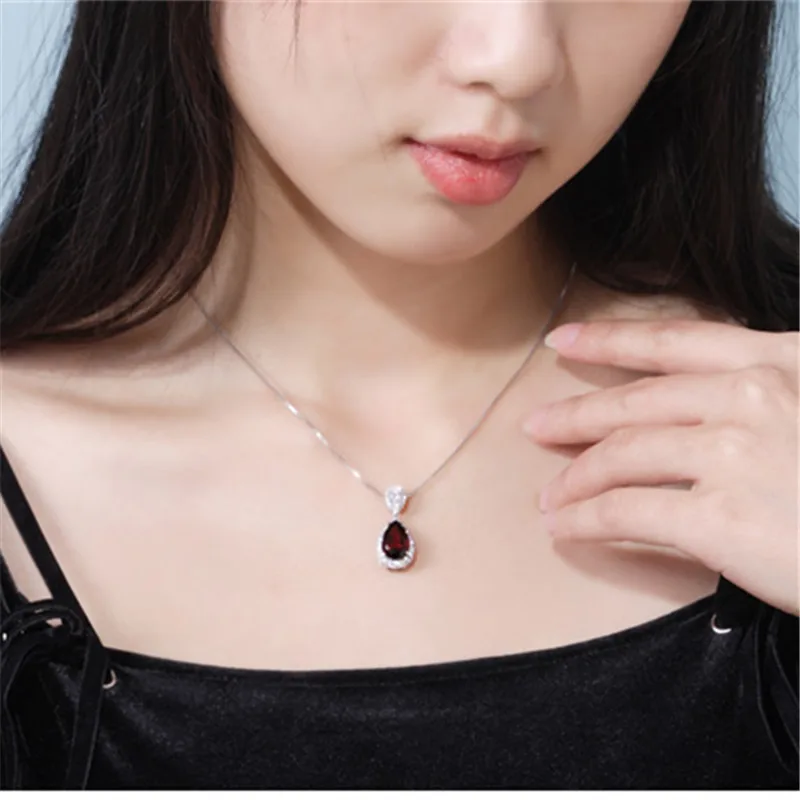 S925 Sterling Pendant Water Drop Created Topaz Blue & Ruby Pendant Bride Wedding Engagement Party Fine Jewelry Necklace No Chain