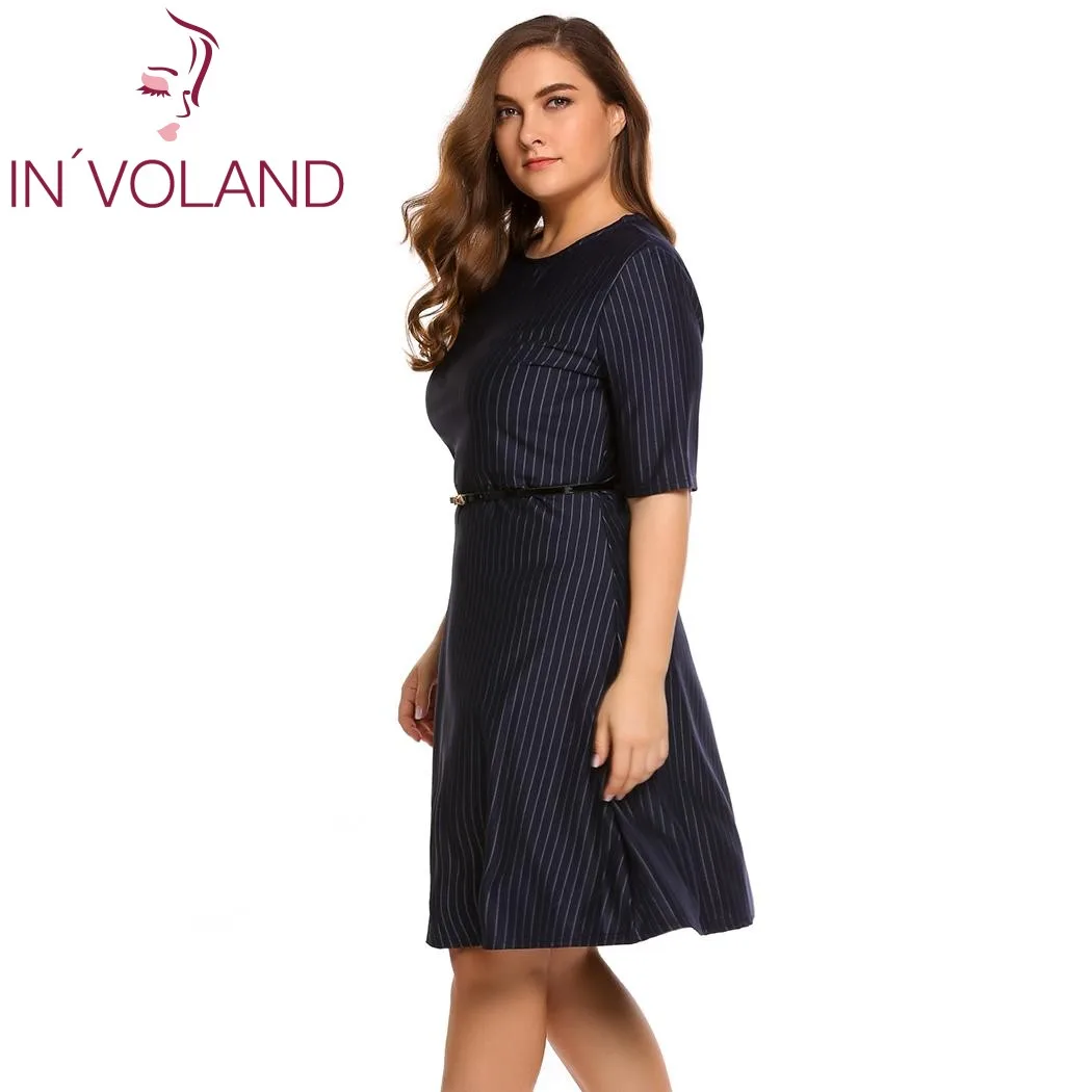 IN'VOLAND, женское платье большого размера, XL-5XL, модное, с круглым вырезом, с поясом, половина рукава, в полоску, большие платья, vestidos mujer Robe, большой размер