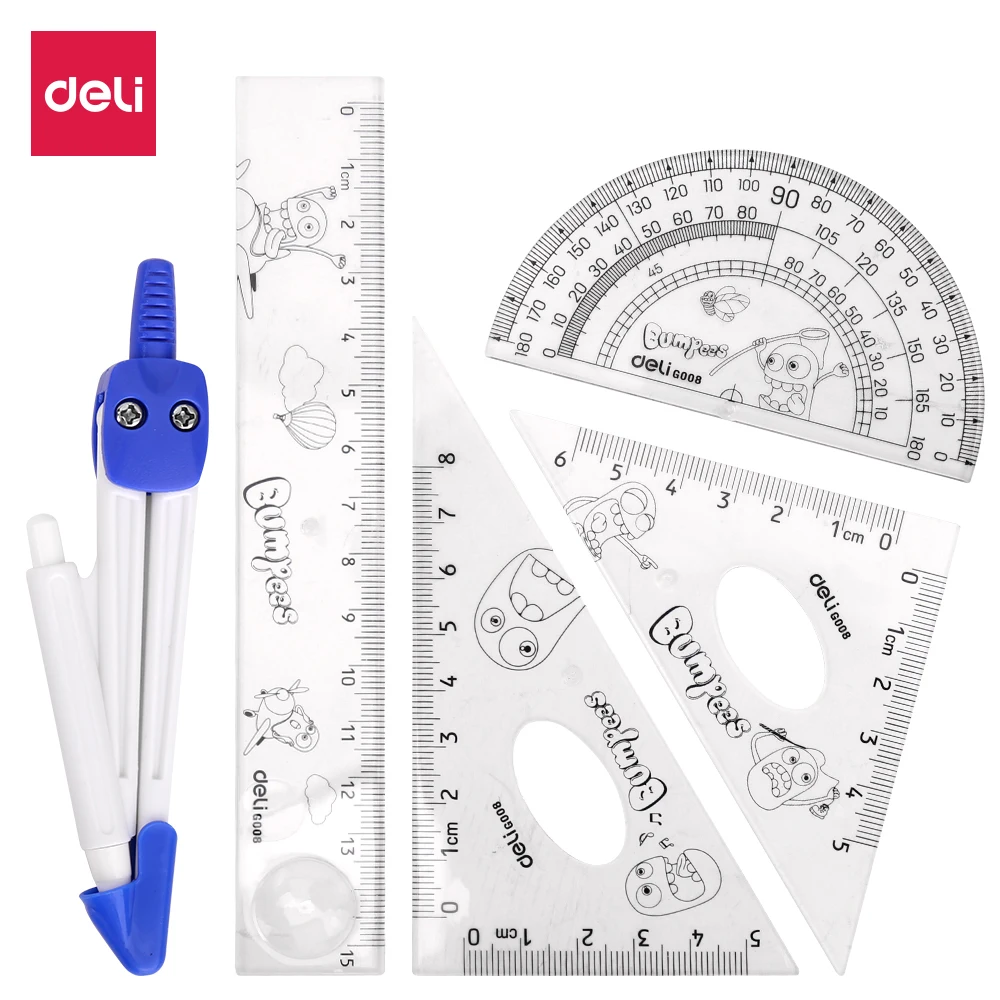 

Deli E9598 Drafting set 5pcs Ruler Set Squares Protractor Compass 15cm Transparent