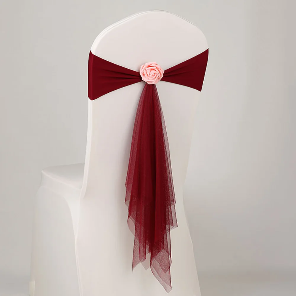 Дешевые 50 шт./лот розовый/белый/оранжевый муслин стул пояса с розовым цветком для свадебного украшения церемонии стрейч лайкра повязка на стул - Цвет: wine red