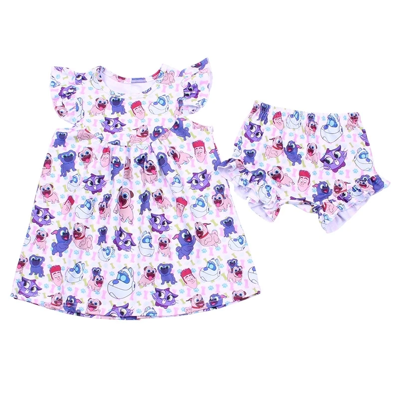 

Cartoon printed children clothing milk silk low MOQ kids clothing set infant ruffles bloomer sets flutter toddler outfits milksi