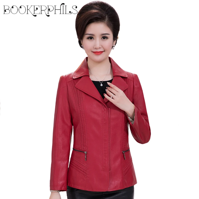

2019 Casual Female Leather Jacket Winter Autumn Middle-aged PU Faux Leather Jacket Women Red Plus Size Soft Leather Coat XL-6XL
