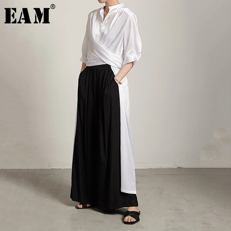 

[EAM] 2019 New Spring Summer Stand Collar Half Sleeve Personality Vent Bandage Big Size Long Shirt Women Blouse Fashion JU814