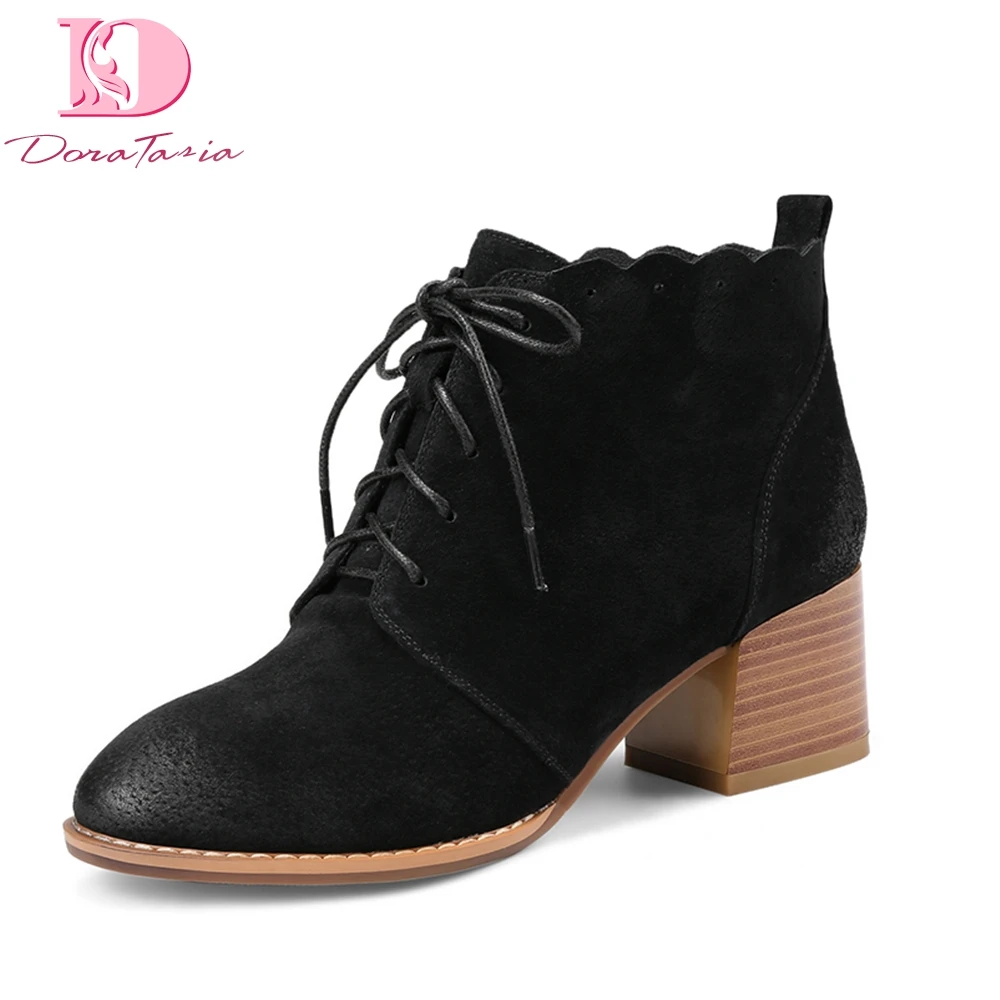 

Doratasia Brand Design PIG Suede Leather Lace Up Chunky Heels Short Boots Women Shoes Retro Suede Woman Ankle Boots
