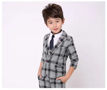 

2018 gray Formal Boys Suits For Weddings England Style Man Child Blue Party Tuxedos Boys Formal Suits Blazer+Pants+Vest