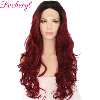 

Lvcheryl Hand Tied Ombre Black to Wine Red Heat Resistant Fiber Hair Wigs Body Wave Style Glueless Synthetic Front Lace Wigs