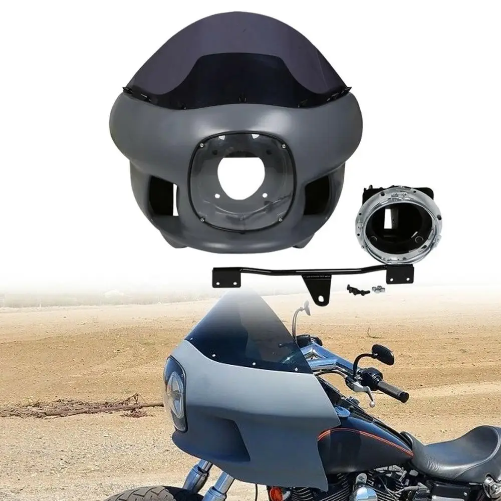 

7" Round Front Headlight Upper Fairing Cowl Mount & Windshield For Harley Dyna Street Bob Super Wide Glide 06-17 FXDL FXDWG