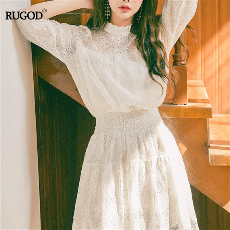 

RUGOD Hollow out elegant women dress lace edge high Elastic Waist solid summer dress with lining modis femme vestido mujer