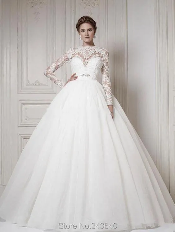 Hot New2014 Luxury Jewel Royal Lace Ruffles Ball Gown Beaded Court Tain Wedding Dress 2014 Long Sleeves