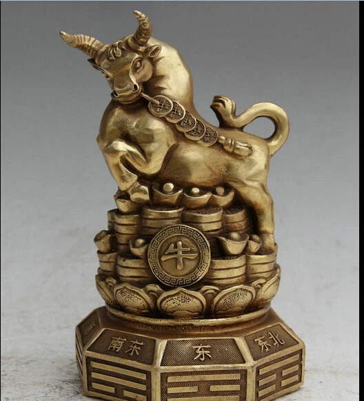 

hui88K769<<<8" Chinese Brass Folk Wealth Feng Shui Zodiac Year Bull Oxen Statue sculpture
