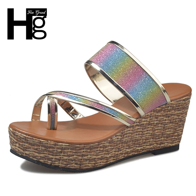 HEE GRAND Gold Summer Women Slides Bling Bling Wedges Sandals Heel Shoes Peep Toe Platform 