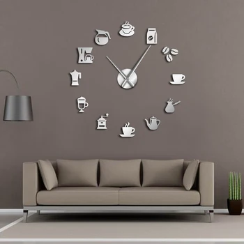 

Coffee Mug Wall Art Coffee Shop DIY Giant Wall Clock Cafe House DIY Stickers Decorative Big Hands Frameless Large Clock Watch