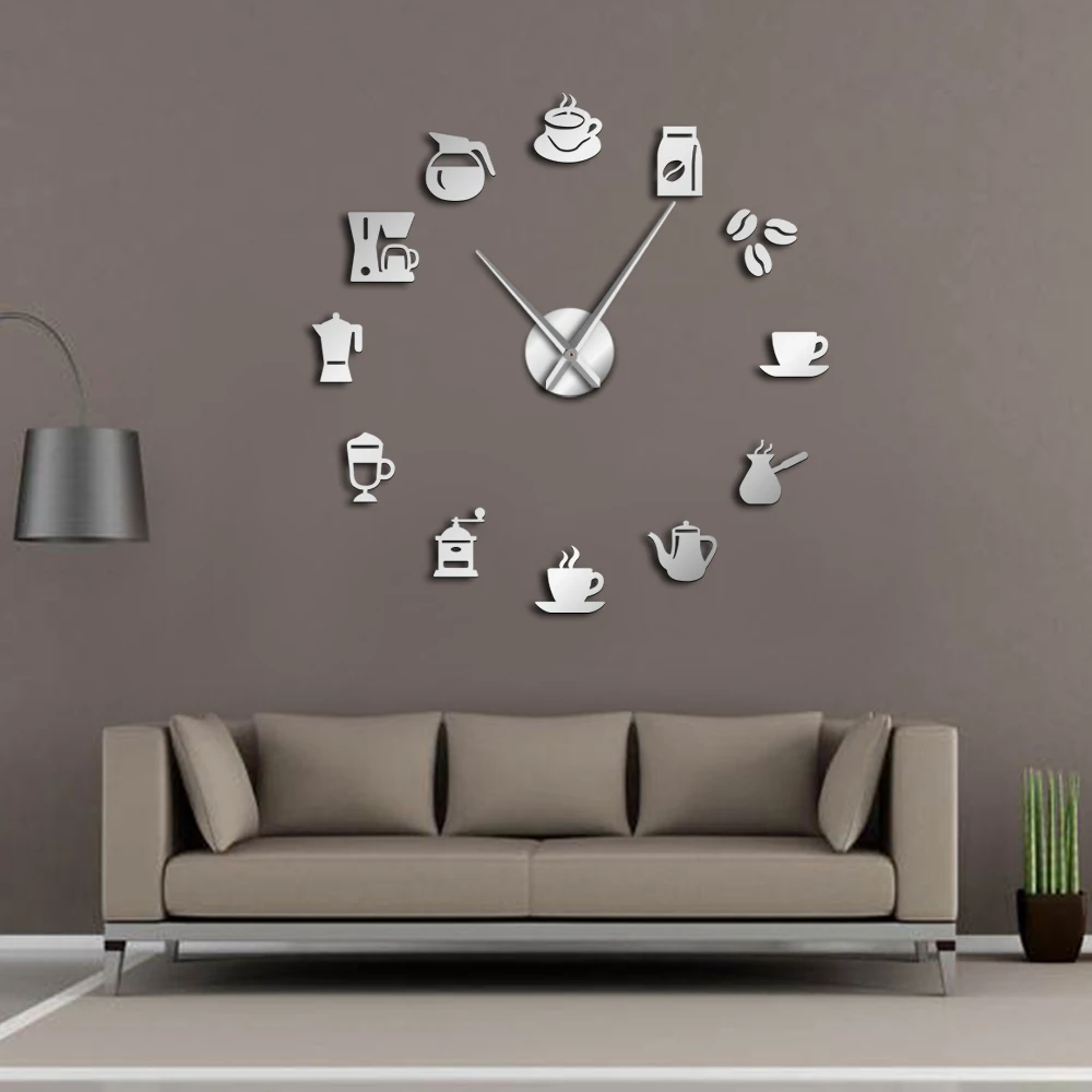 Billig Kaffee Becher Wand Kunst Kaffee Shop DIY Riesen Wanduhr Cafe Haus DIY Aufkleber Dekorative Große Hände Rahmenlose Große Uhr uhr