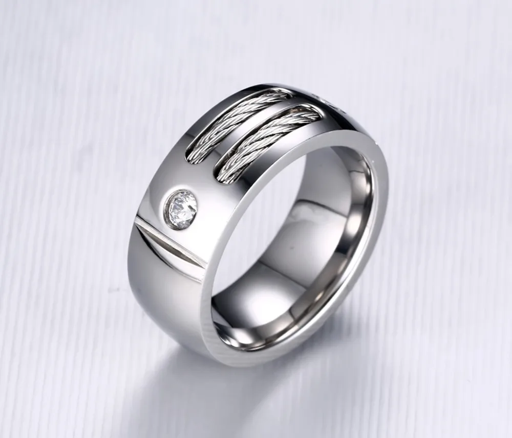 Meaeguet Stainless Steel Wire Ring For Men Punk Rock Ring With Cubic Zirconia Party Jewelry