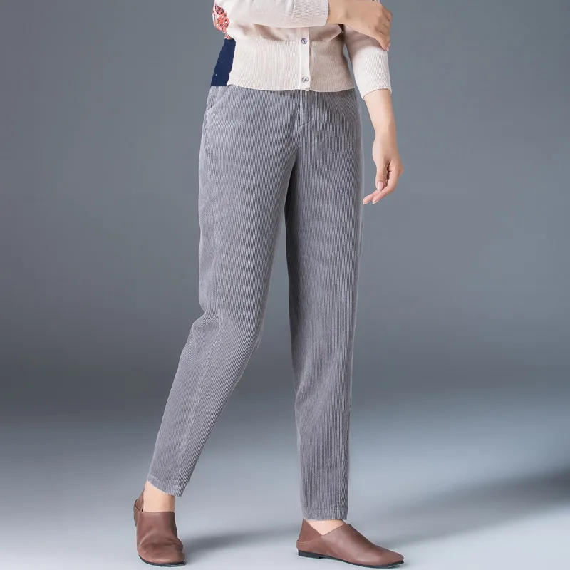 Вельветовые брюки женские осенние с высокой талией шаровары Pantalon Femme размера плюс повседневные брюки женские черные серые Дамские Брюки C4748 - Цвет: gray long pants
