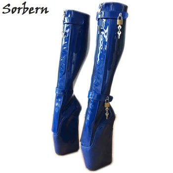 

Sorbern Blue Art Performance Ballet Wedges Knee High Boots Women Buckle Straps Actor Shoes Fetish High Heel Boots Custom Wide