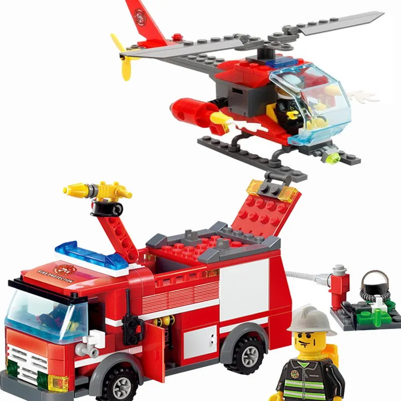 

City Fire Rescue Team Fire Truck Fire Helicopter Model Building Blocks Model Enlighten Figure Toys For Children Christmas Gift