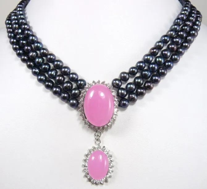 

gift ! Wholesales -Jewelry Christmas Beautiful 3 rows natural pearl & pink jade pendant necklace