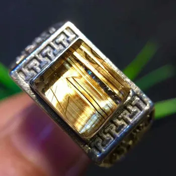 

Genuine Natural Gold Rutilated Quartz Ring Adjustable Size Silver Fine Jewelry Party Wedding Rings 10x9mm AAAAAA