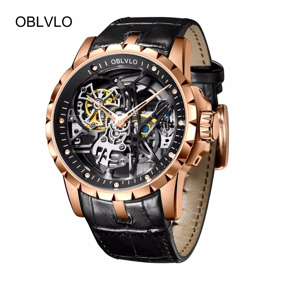 OBLVLO брендовые Дизайнерские повседневные мужские часы из натуральной кожи с ремешком из розового золота, автоматические часы со скелетом, RM-1
