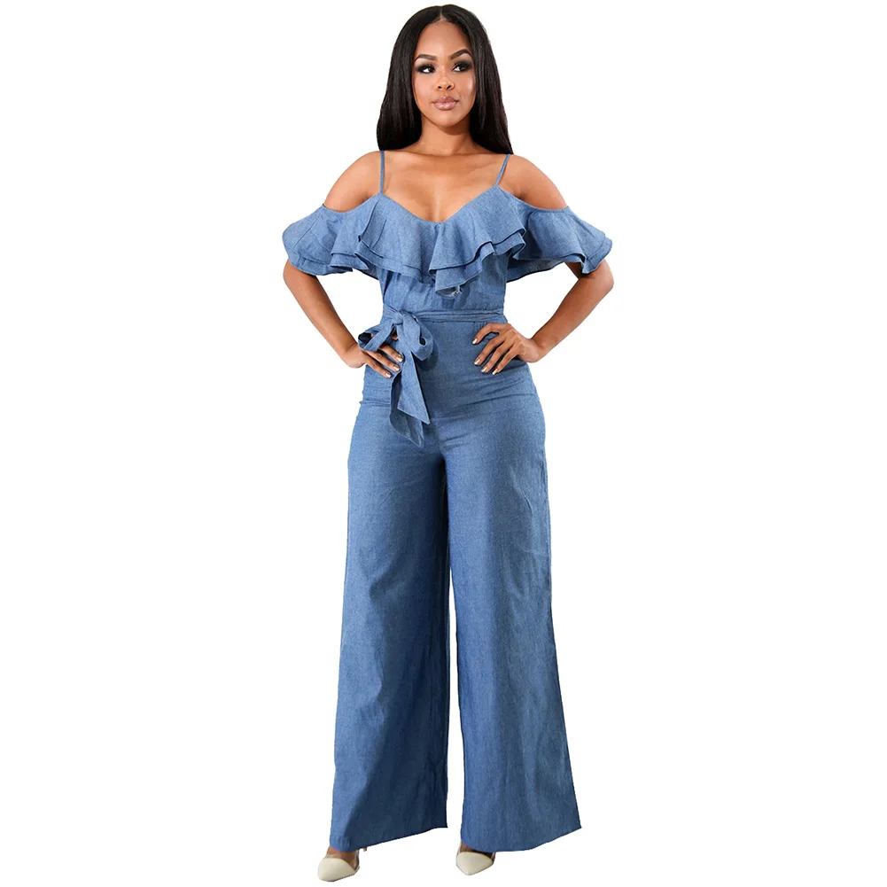 2019 New Overalls Femme Sexy Women Ruffles Cold Shoulder