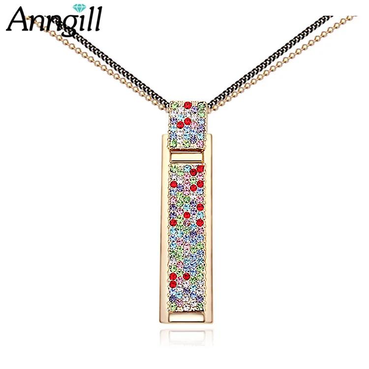 

ANNGILL High Quality Elegant Women Long Necklace Colorful Crystal Rectangular Pendant OL Women Necklace Sweater Chain Jewelry