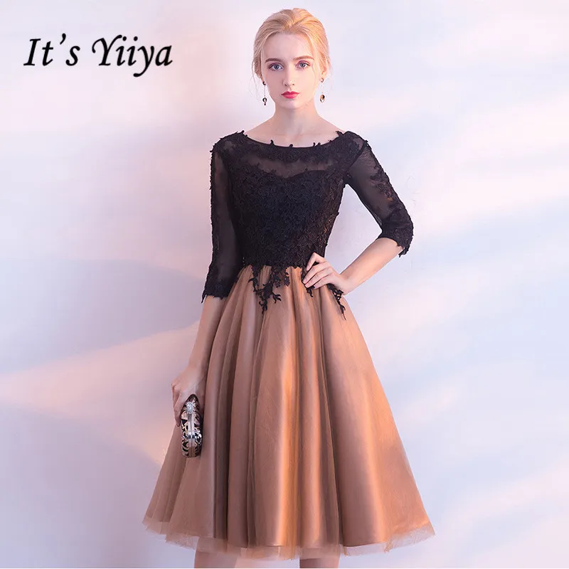 It's YiiYa In Stock Black Lace Half Sleeve Knee length Cocktail Dresses O neck A line Lace Up