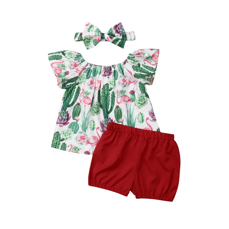 

Floral Baby Girl Clothes Short Sleeve Summer Newborn Outfit Tops+Pants+Headband Flamingo Cactus Print Infant Girls Clothing Set