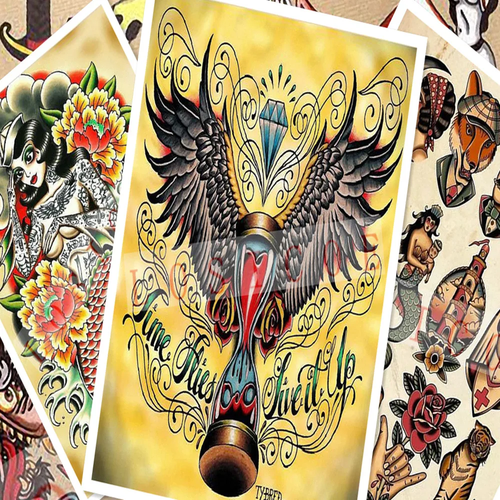 

Creative tattoo pattern posters wall sticker 30X42 CM nostalgia retro kraft paper HD Inkjet printing art home decoration B