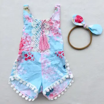 

Tassel baby boutique floral print romper jumpsuit girl bloomers Ruffle Romper Kids clothes matched with headband
