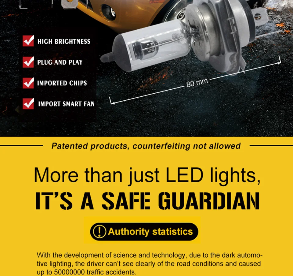 LED Car Lights H1 H4 H7 H11 9005 9006 Auto Headlamp Bulbs 12V 24V Cars Headlights 80W CREE LED Chips 6000K White Lamp (2)