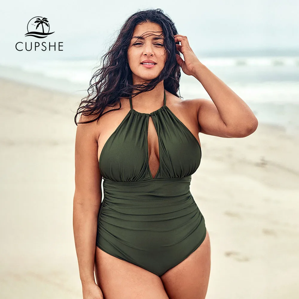 Preise CUPSHE Plus Größe Oliven Halter One Piece Badeanzug Sexy Cut out Backless Lace Up Frauen Monokini Badeanzüge 2020 strand Bademode