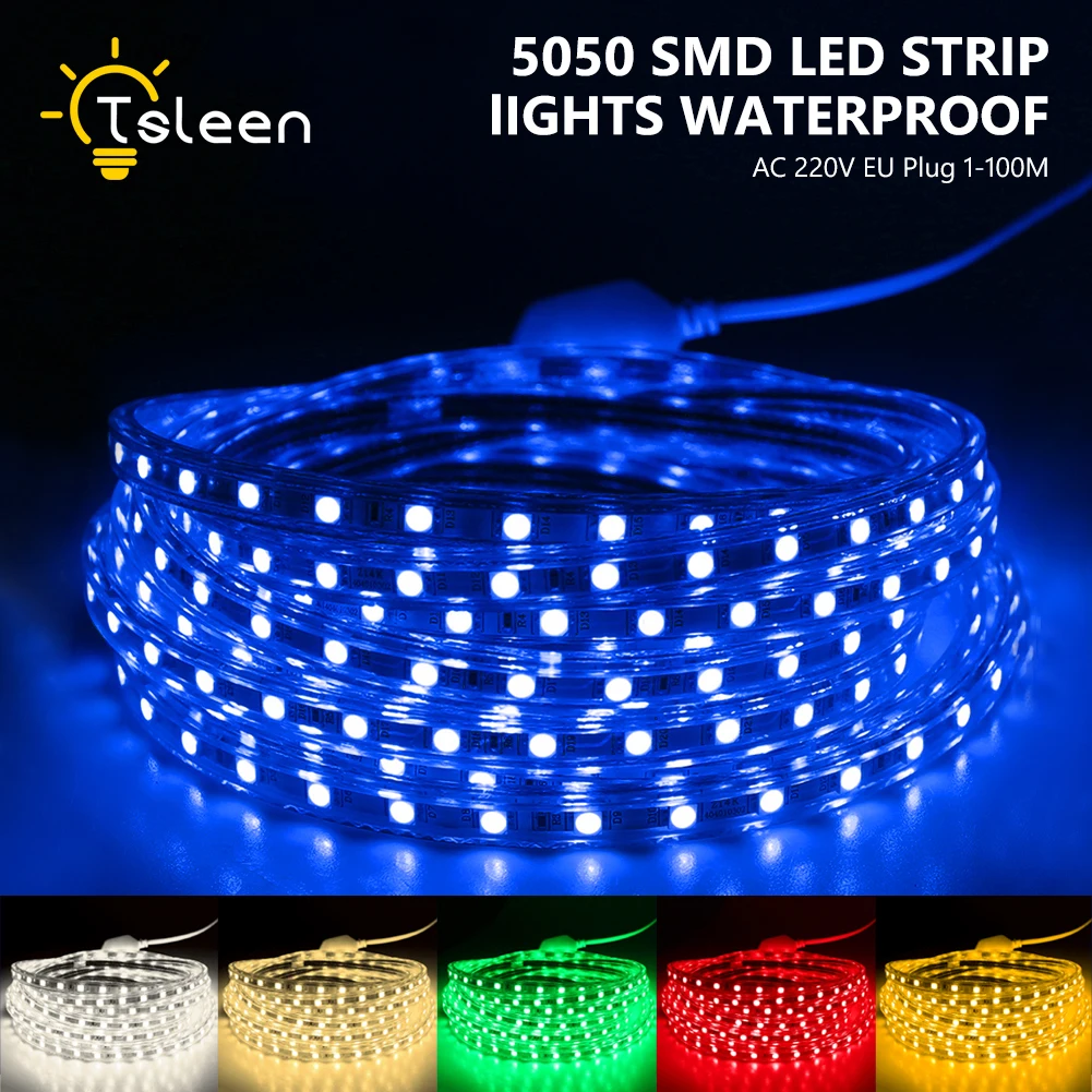 

TSLEEN Flexible Colorful RGB LED Strip Light SMD5050 220V With EU Power Supply 20m 30m 40m 50m 100m 60Leds/m Christmas Decoraton