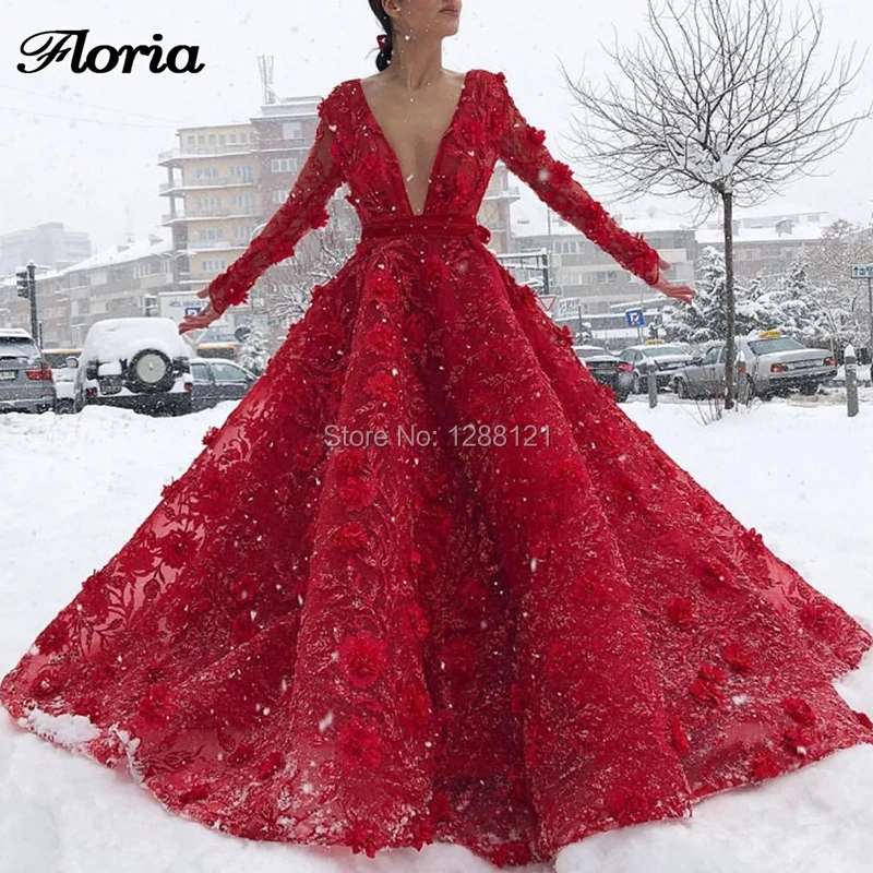 V Neck 3D Flower Red Dubai Evening Dresses Long Sleeve Lace Islamic Middle East Prom Dress 2019 Robe De Soiree Kaftan Party Gown V Neck 3D Flower Red Dubai Evening Dresses Long Sleeve Lace Islamic Middle East Prom Dress 2019 Robe De Soiree Kaftan Party Gown