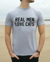Настоящее Для мужчин люблю кошек принт Для мужчин футболка модные Повседневное смешные рубашку для человека Серый Белый Черный верхний