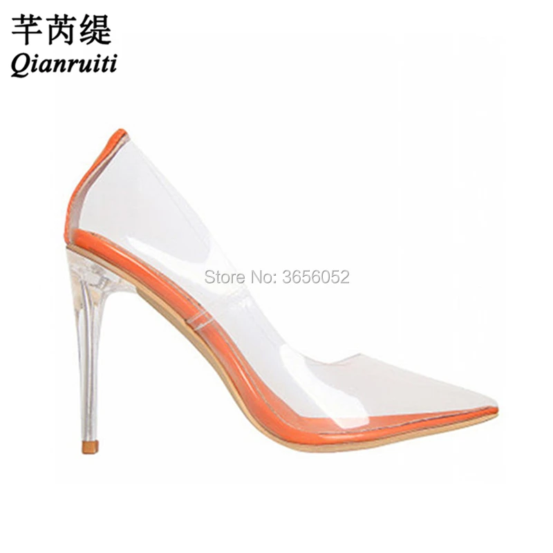 Qianruiti New Designer Shoes Crystal Jelly Pumps Clear Stiletto High