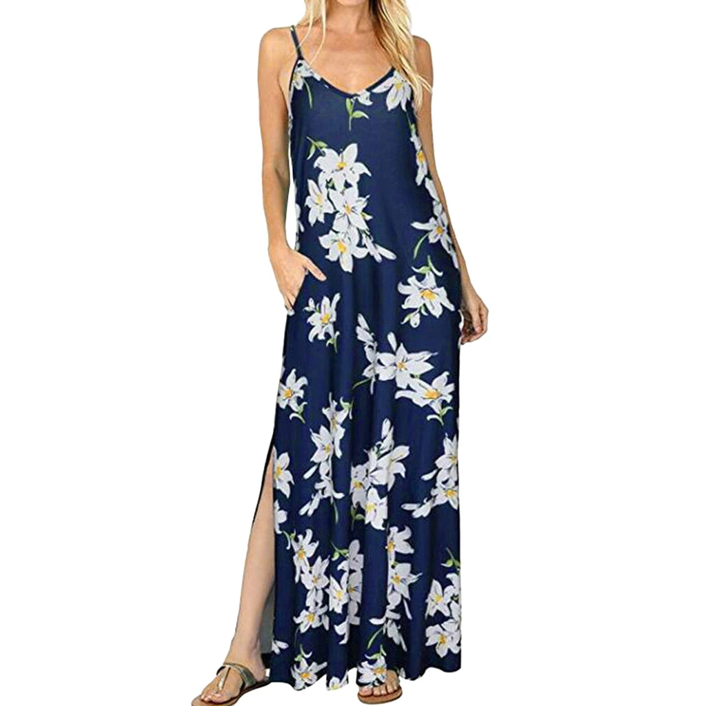 Estampado Verano bohemio playa vestido Casual sin mangas Maxi mujeres largos sueltos Verano - AliExpress