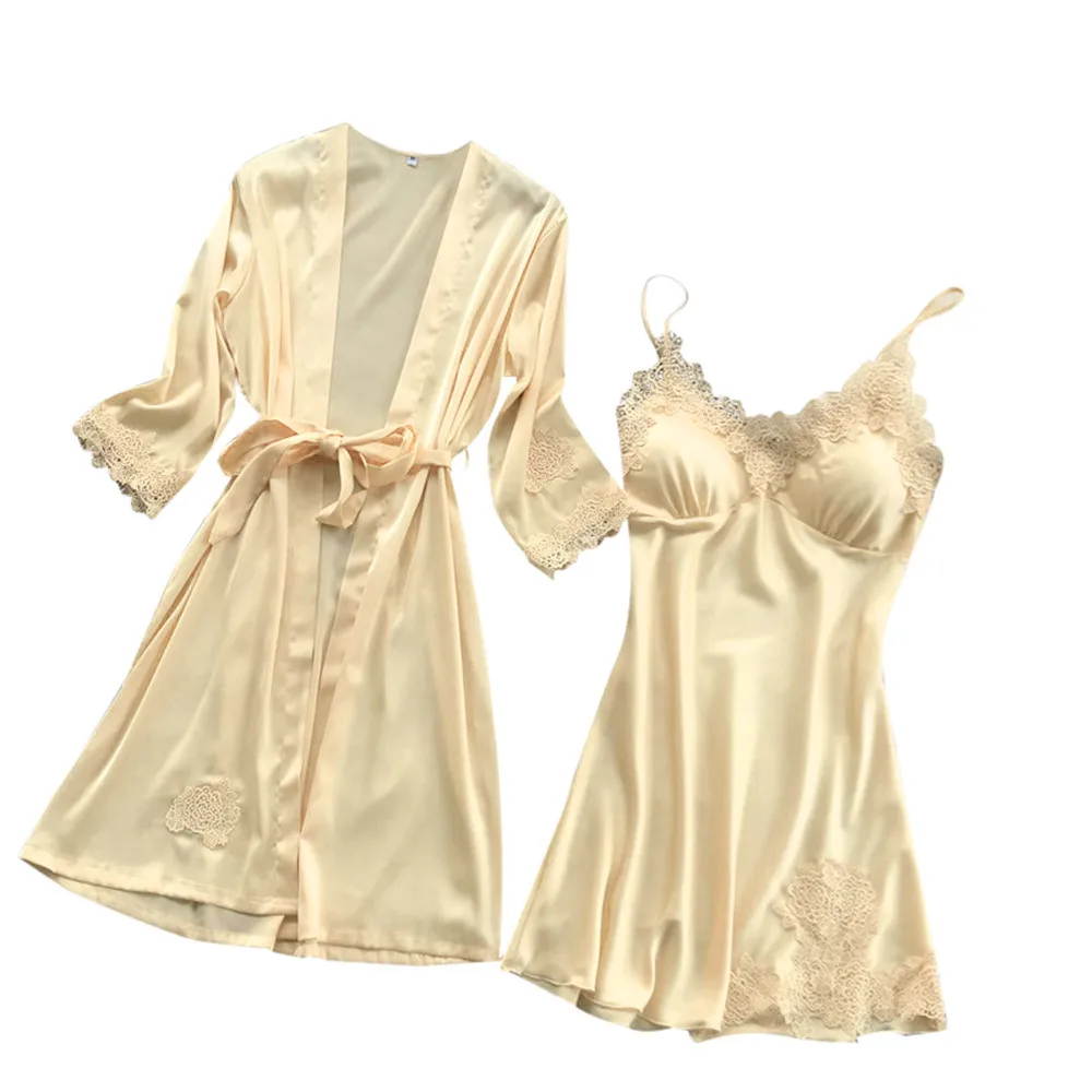 Женское ночное белье, ночная рубашка, женское белье, шелковое кружевное платье, платье Babydoll, комплект кимоно - Цвет: Beige