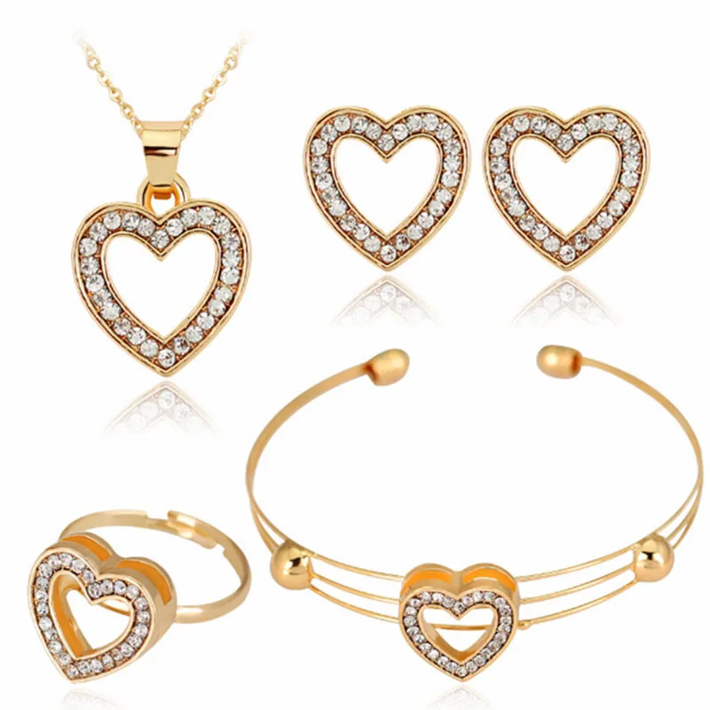 

2019 new 1Set Jewelry Set Crystal Heart Shaped Necklace Bride Girls Earrings Ring Bracelet Adjustable Cute Golden Love