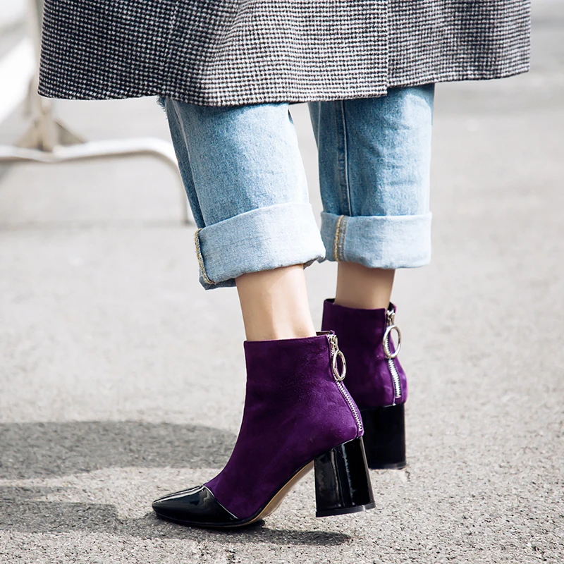 Prova Perfetto New Style Purple Women Ankle Boots Square Toe High Heel Boots Fashion Faux Suede Real Leather Woman Boots Size 40