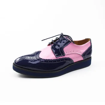 

2019 VALLU Women Wingtip Perforated Brogues Shoes Round Toes Lace Up Mixed Color Genuine Leather Female Flats Shoes Oxfords